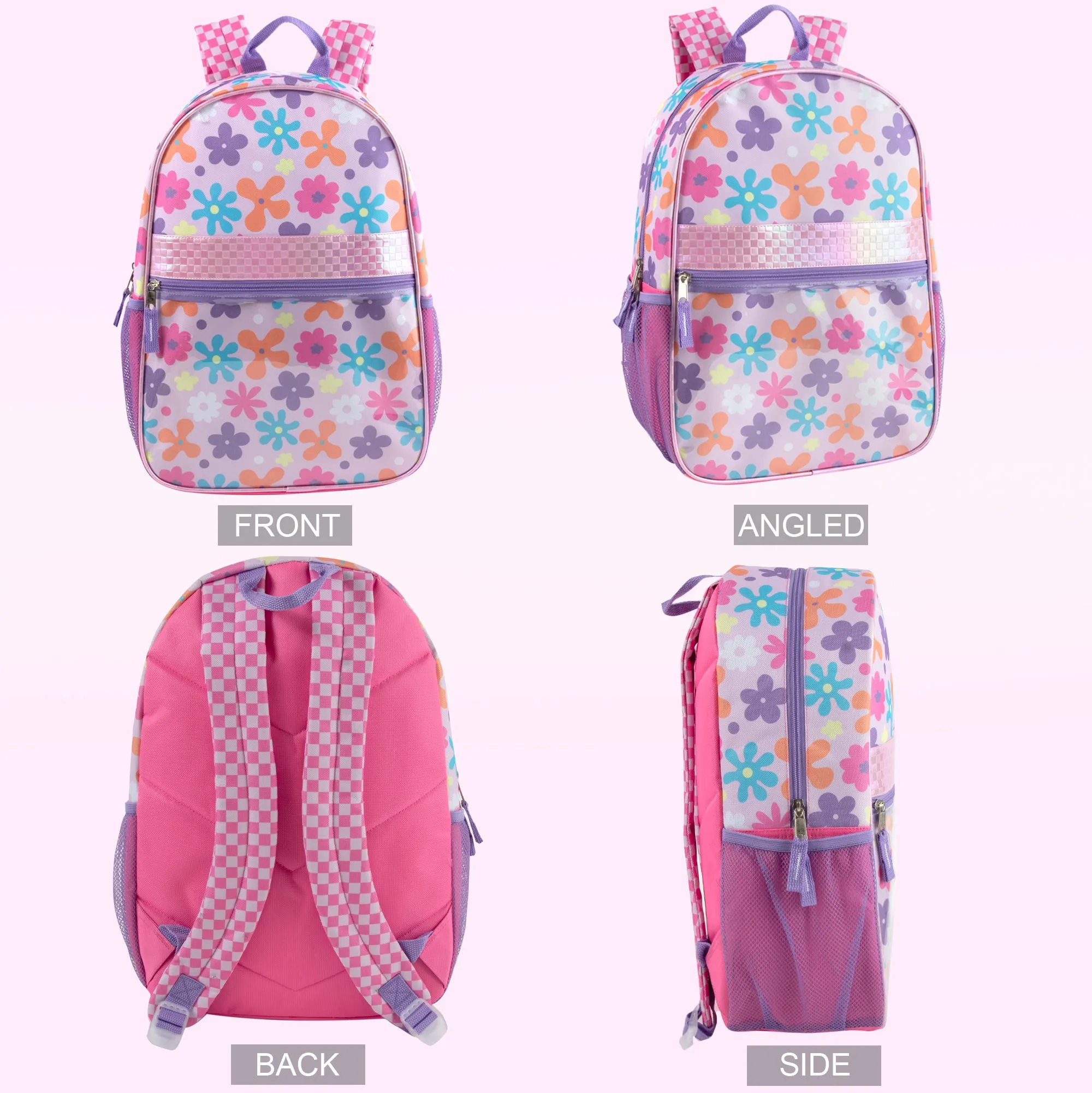 17-Inch Printed Backpack with 8-Piece School Supplies Kit - Purple Floral