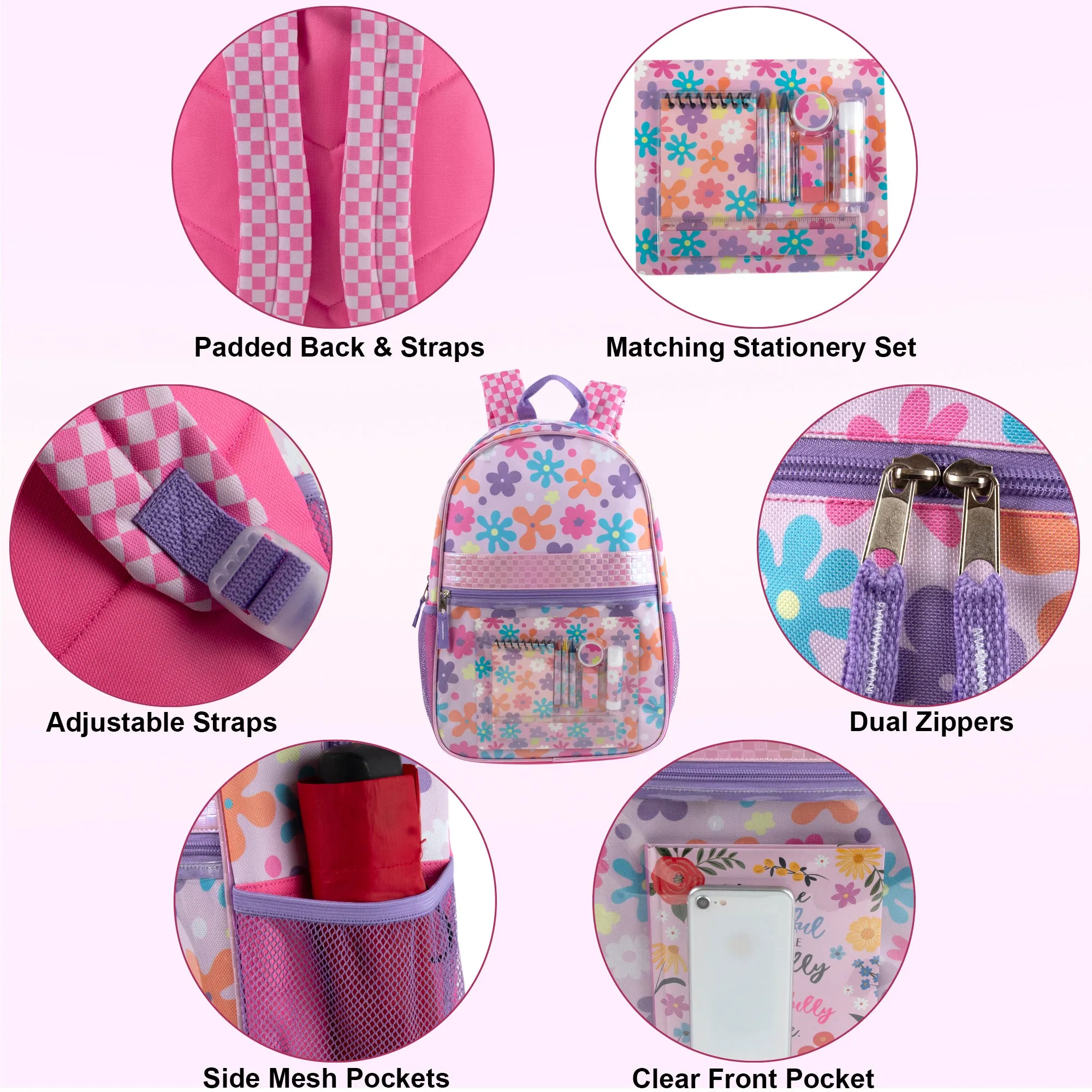 17-Inch Printed Backpack with 8-Piece School Supplies Kit - Purple Floral