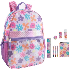 17-Inch Printed Backpack with 8-Piece School Supplies Kit - Purple Floral