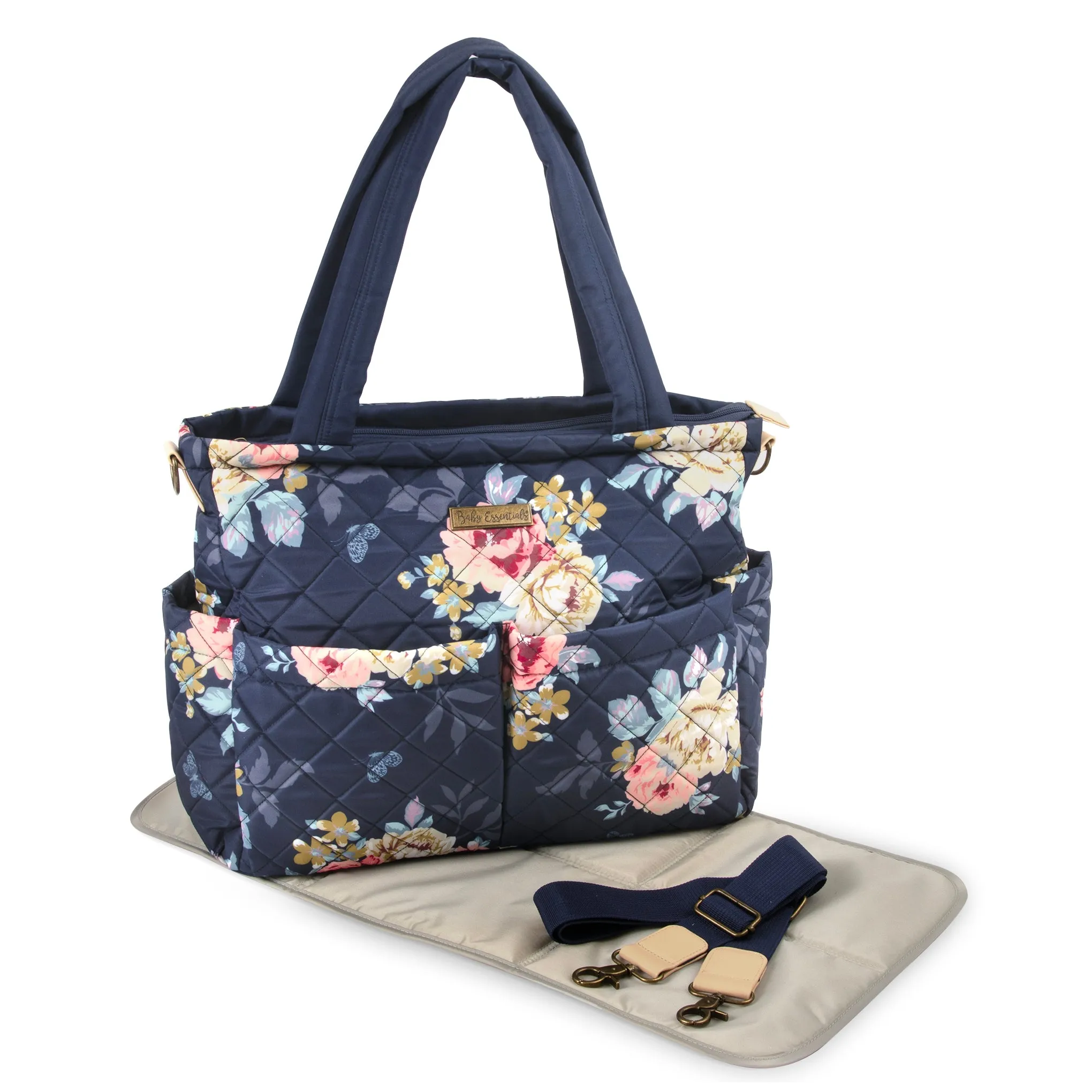 Baby Essentials Quilted Diaper Bag Tote 2-Piece Set - Floral Navy