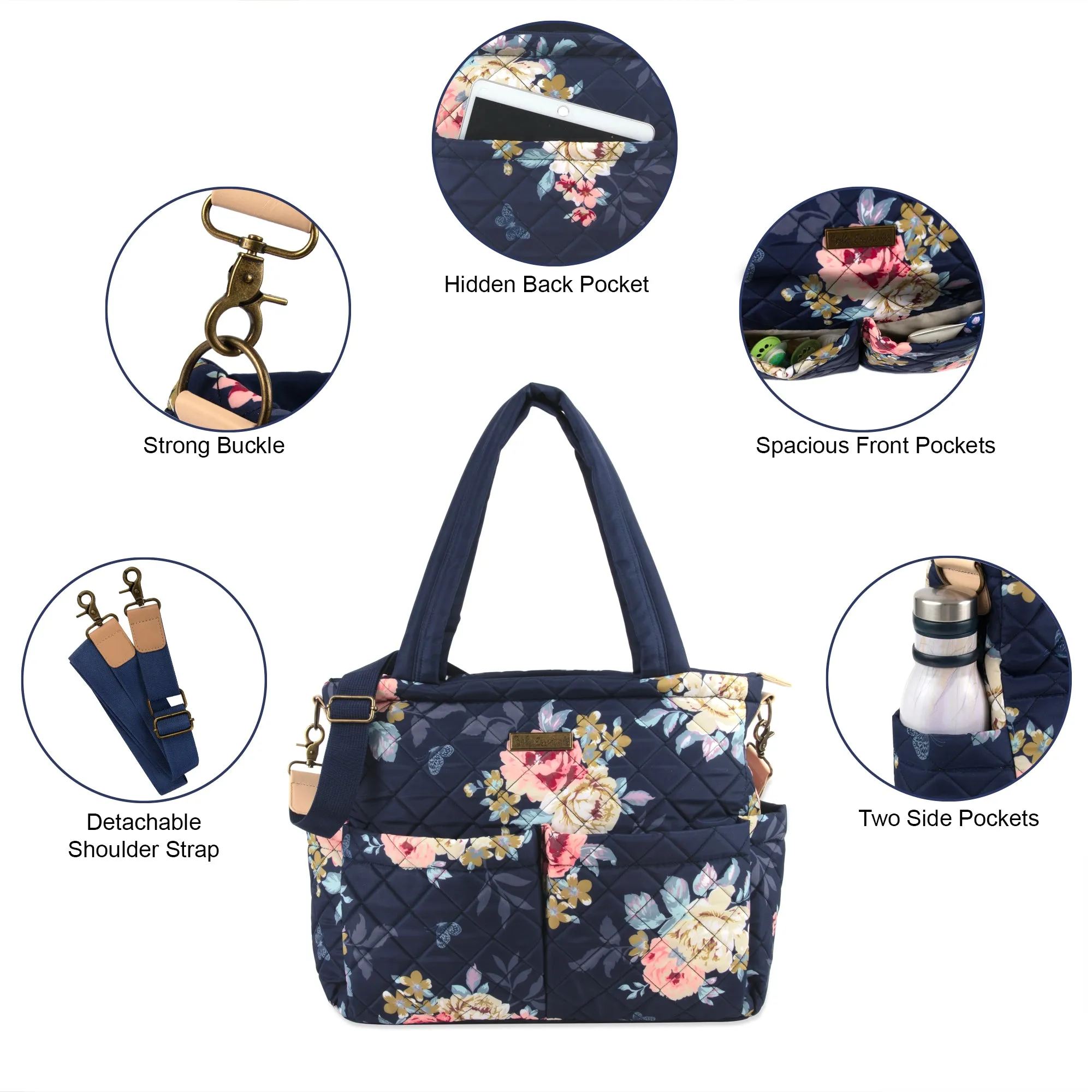 Baby Essentials Quilted Diaper Bag Tote 2-Piece Set - Floral Navy