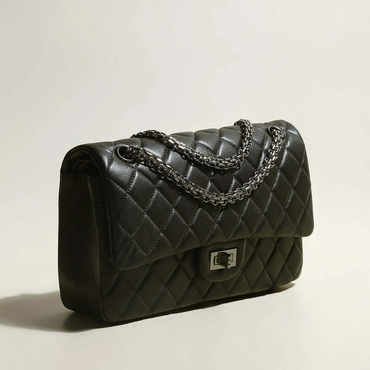 Black Quilted Bag with Metallic Chain Straps