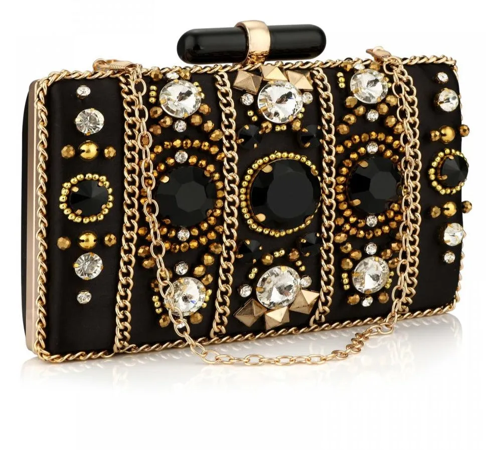 Black Satin Beaded Rhinestone Clutch Bag