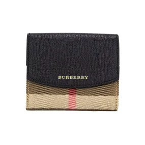 Burberry Luna Black Grained Leather House Check Canvas Coin Pouch Snap Wallet