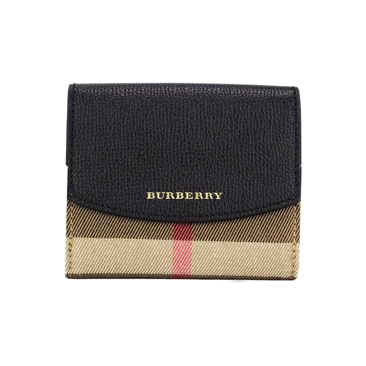 Burberry Luna Black Grained Leather House Check Canvas Coin Pouch Snap Wallet