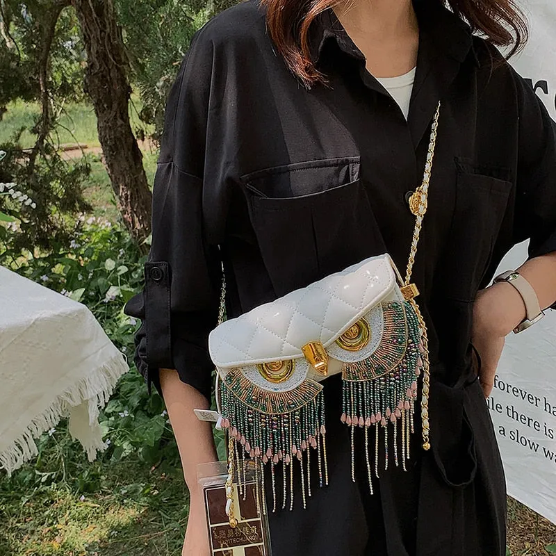 Cute Owl PU Leather Tassel Crossbody Bag