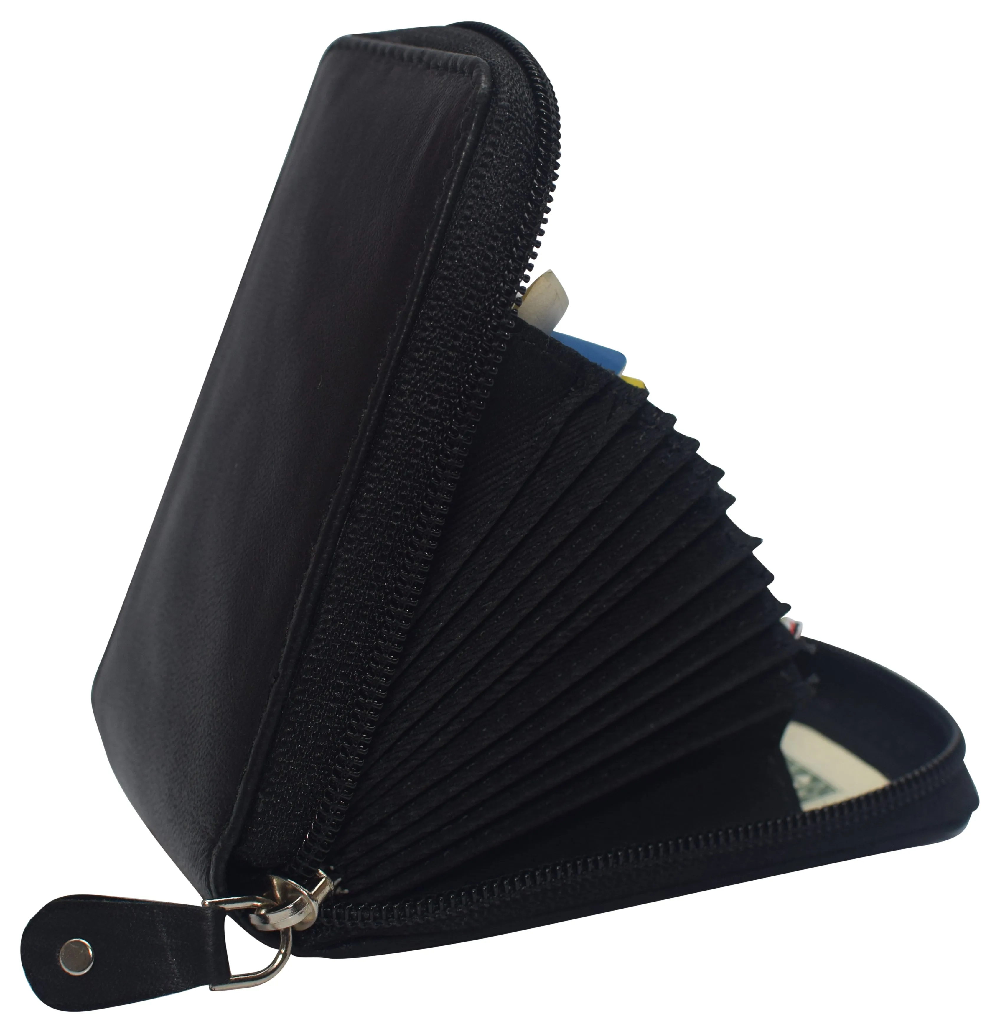 Genuine Leather RFID Accordion Credit Card Holder with Zipper for Women Ladies Wallets