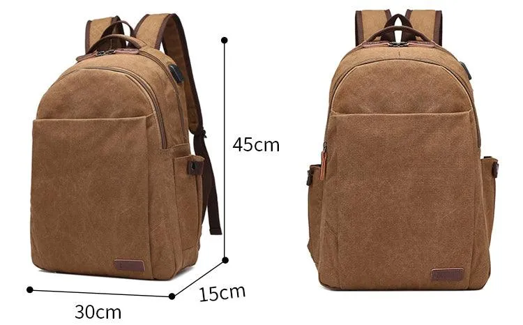 Hiking Canvas Large Capacity Backpack With Usb Charging Ports Khaki Bags