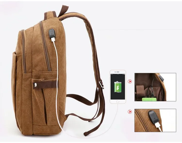 Hiking Canvas Large Capacity Backpack With Usb Charging Ports Khaki Bags