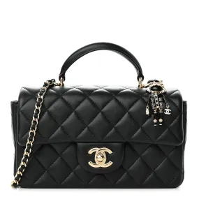 Lambskin Quilted Mini Lion Charm Top Handle Rectangular Flap Black