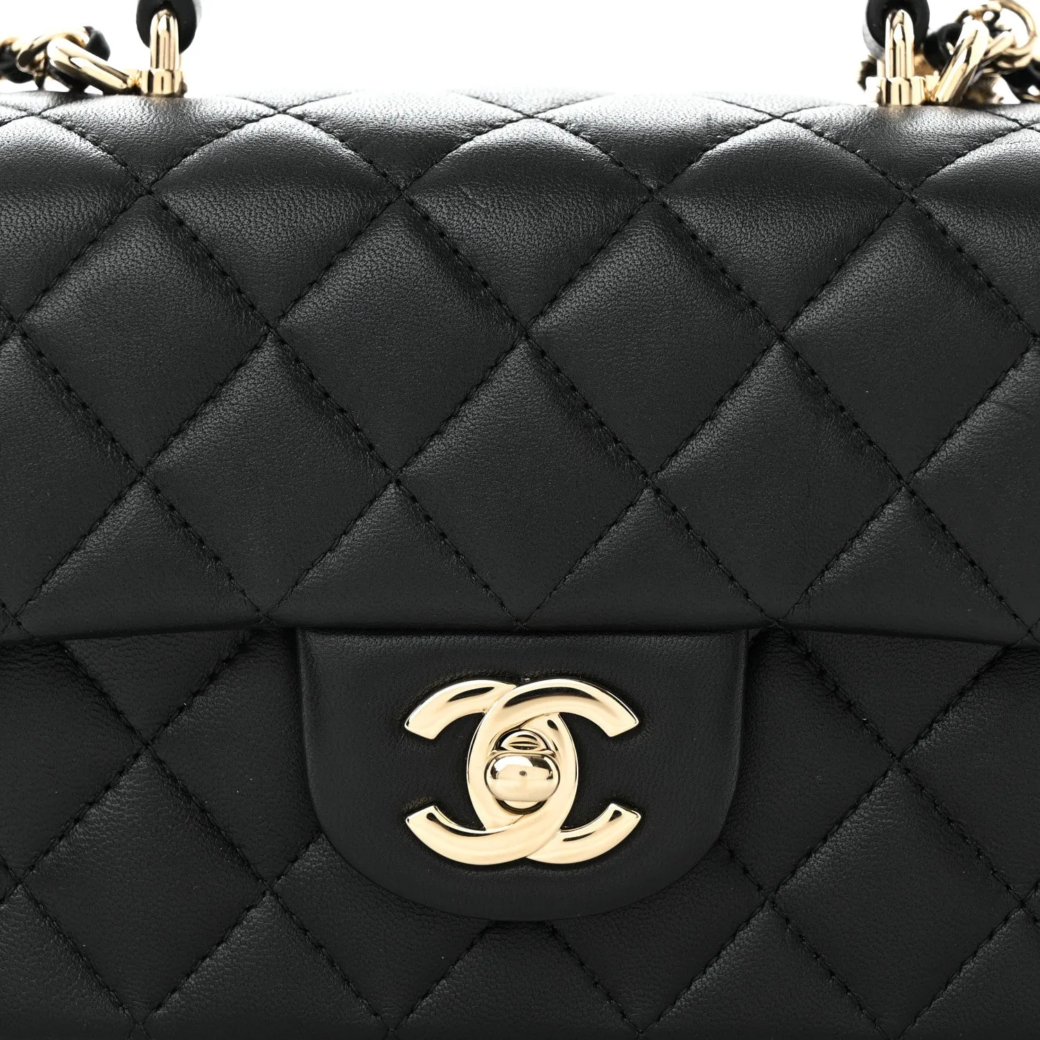 Lambskin Quilted Mini Lion Charm Top Handle Rectangular Flap Black