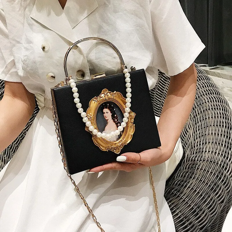 Portrait Faux Pearl Metal Handle Shoulder Bag