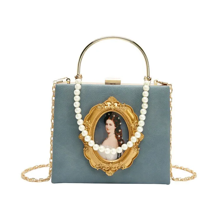 Portrait Faux Pearl Metal Handle Shoulder Bag