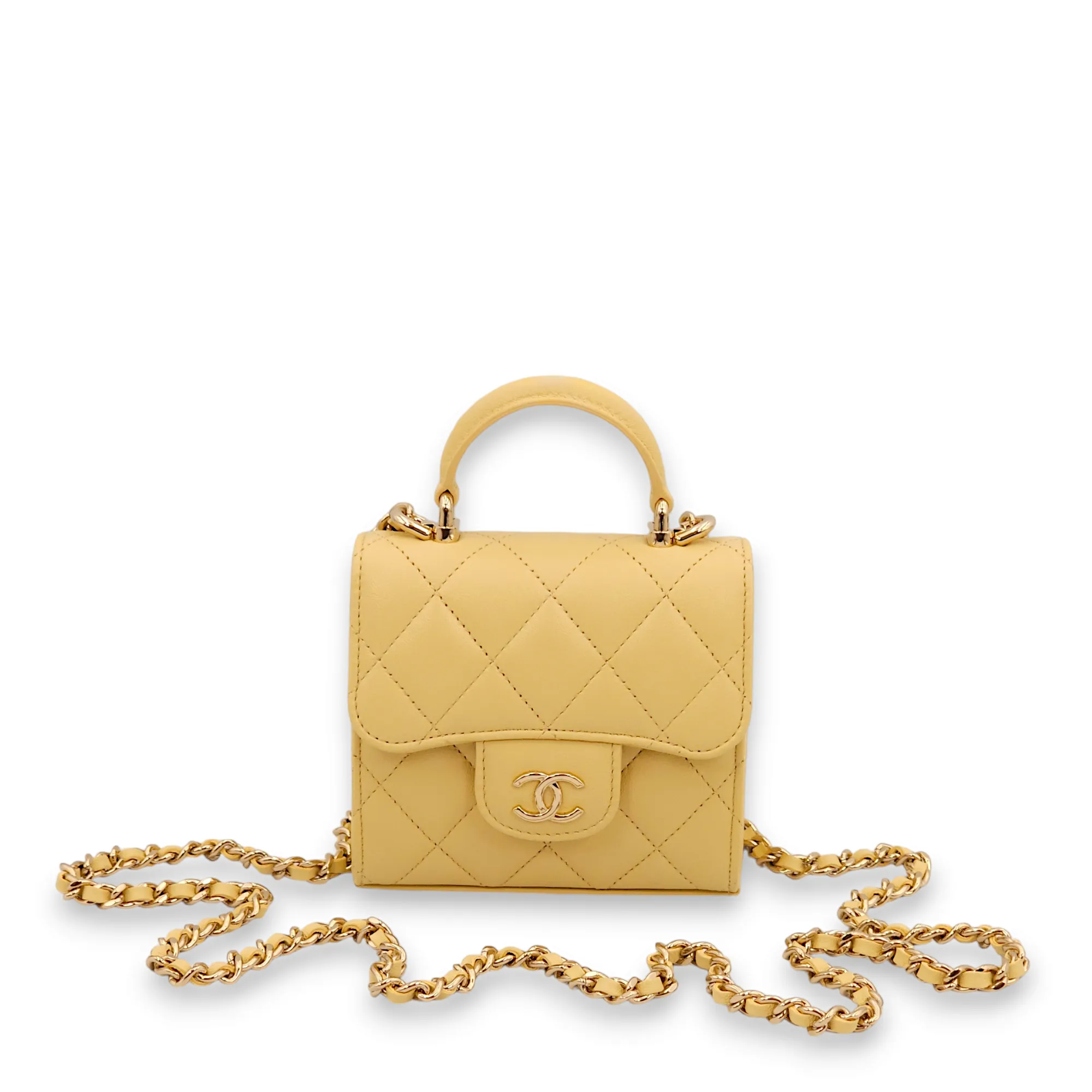 Quilted Mini Yellow Top Handle Bag in Lambskin, Gold hardware