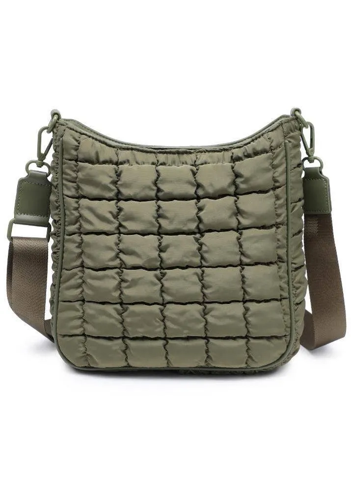 Quilted Nylon Puffer Crossbody in Olive