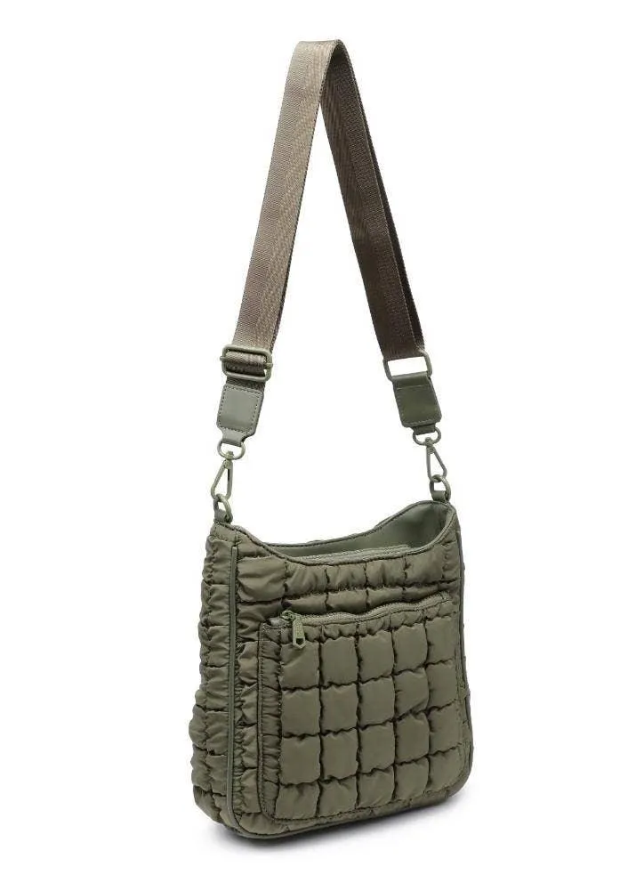 Quilted Nylon Puffer Crossbody in Olive