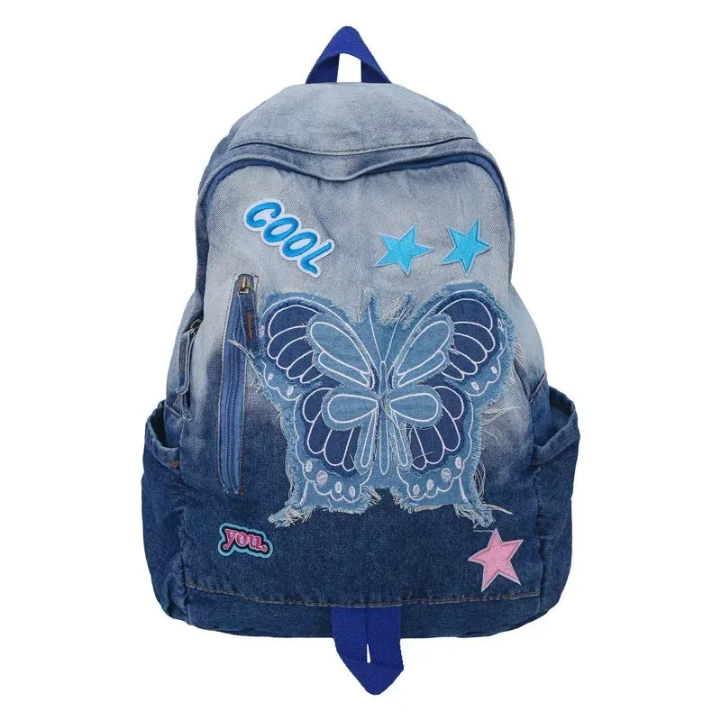 Sohiwoo Harajuku Backpacks For Teenage Girls Dyed Washed Denim Blue Butterfly Star Cool Academy Backpack School Korean Style Backpack