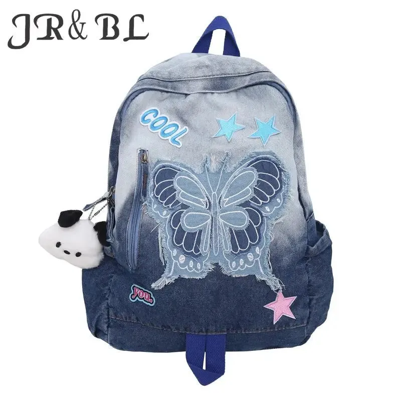 Sohiwoo Harajuku Backpacks For Teenage Girls Dyed Washed Denim Blue Butterfly Star Cool Academy Backpack School Korean Style Backpack