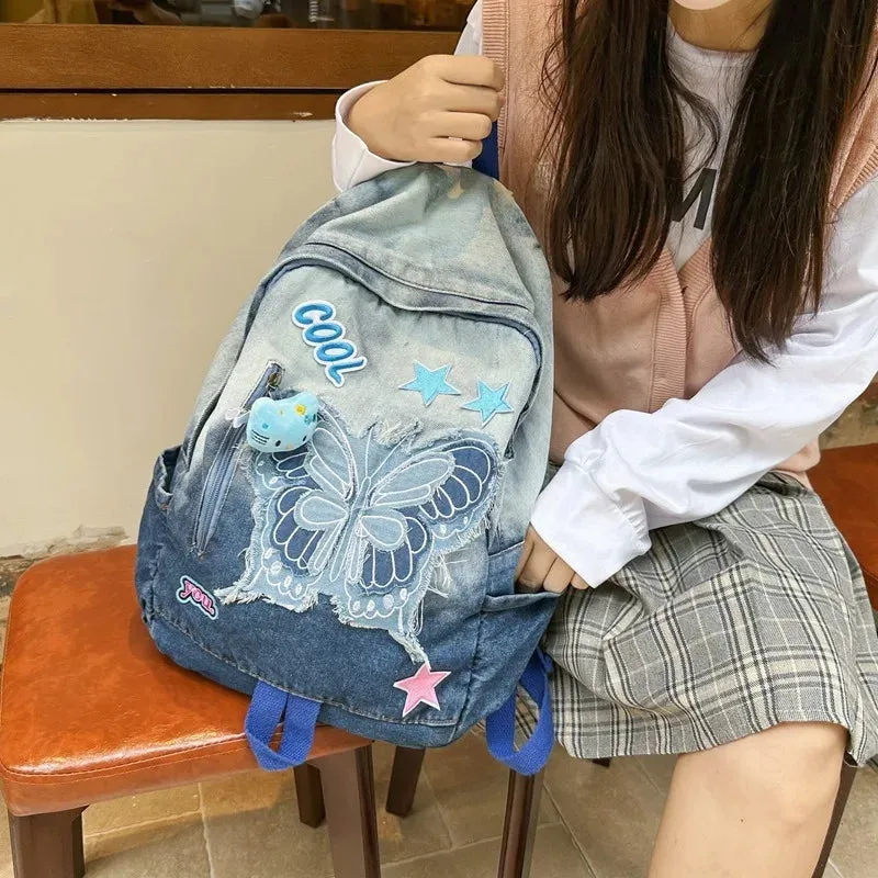 Sohiwoo Harajuku Backpacks For Teenage Girls Dyed Washed Denim Blue Butterfly Star Cool Academy Backpack School Korean Style Backpack