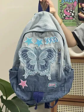 Sohiwoo Harajuku Backpacks For Teenage Girls Dyed Washed Denim Blue Butterfly Star Cool Academy Backpack School Korean Style Backpack