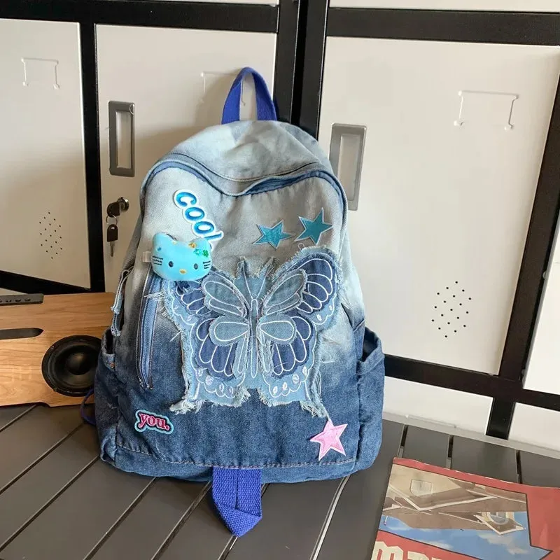 Sohiwoo Harajuku Backpacks For Teenage Girls Dyed Washed Denim Blue Butterfly Star Cool Academy Backpack School Korean Style Backpack