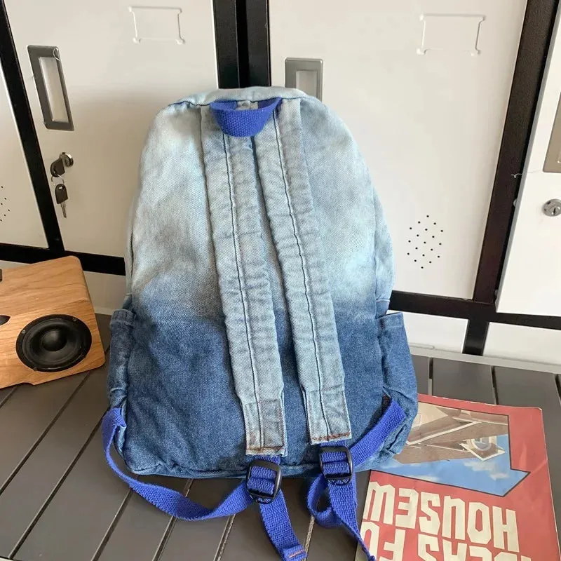 Sohiwoo Harajuku Backpacks For Teenage Girls Dyed Washed Denim Blue Butterfly Star Cool Academy Backpack School Korean Style Backpack