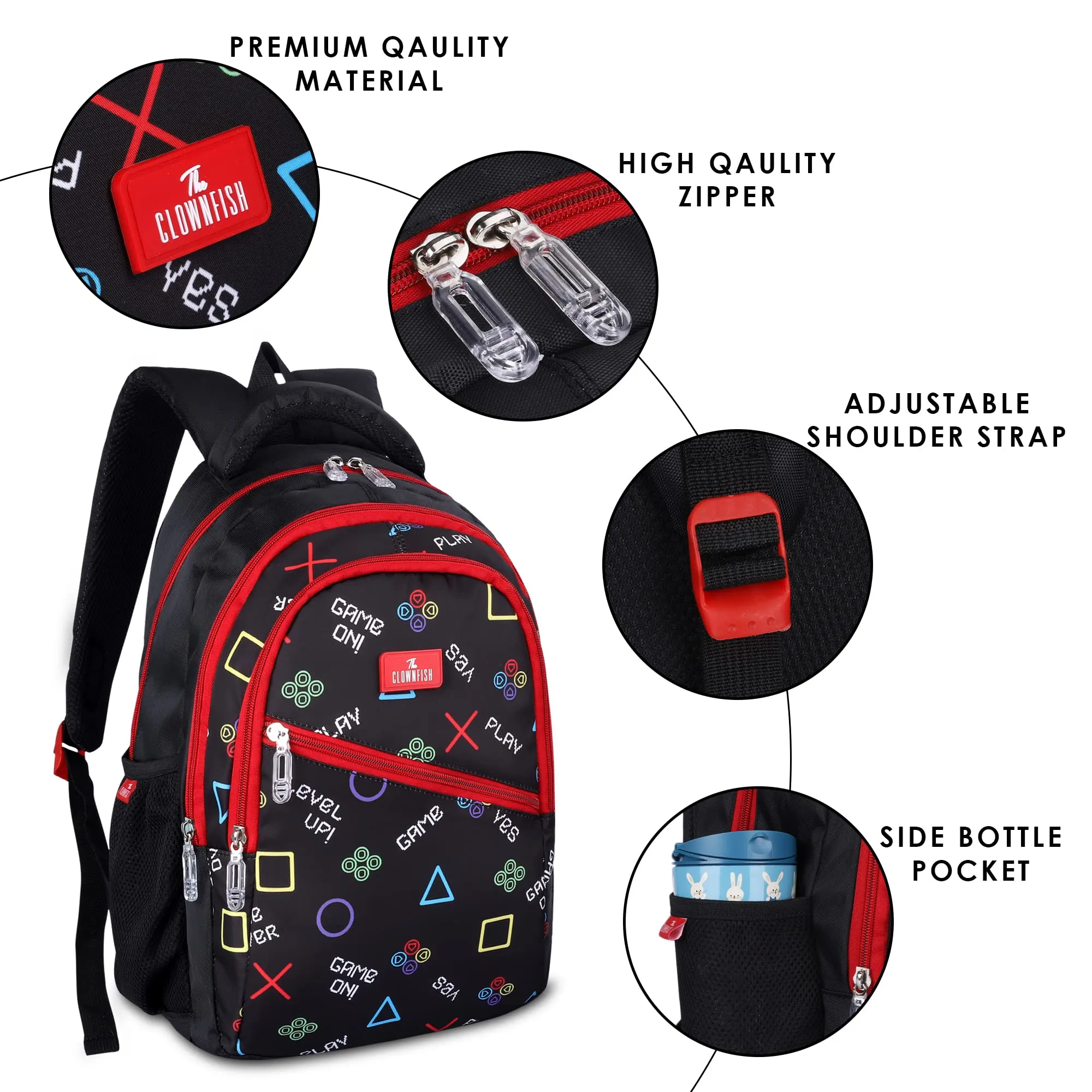 THE CLOWNFISH Brainbox Series Printed Polyester 30L Standard Backpack With Pencil/Staionery Pouch School Bag Front Cross Zip Pocket Daypack Picnic Bag For Boys & Girls, Age 8-10 Years (Charcoal Black)