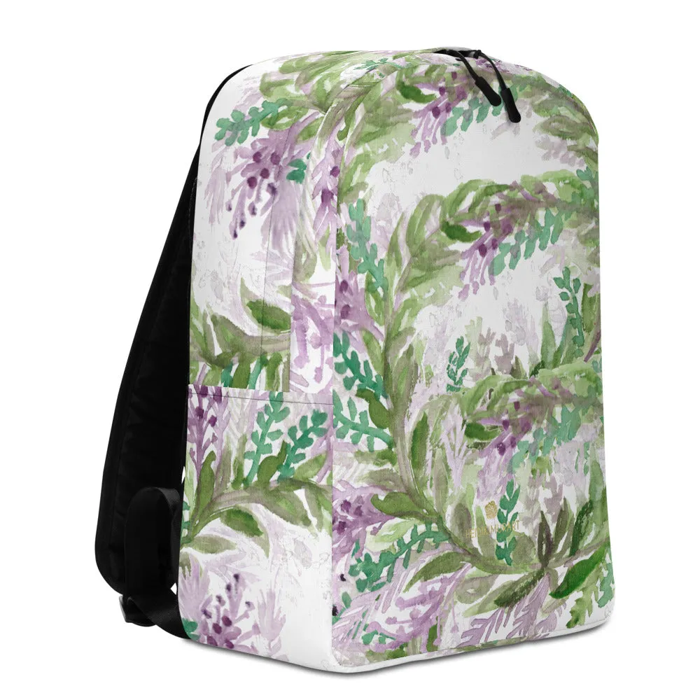 White Lavender Backpack, Floral Print Designer Laptop Minimalist Backpack- Made in EU