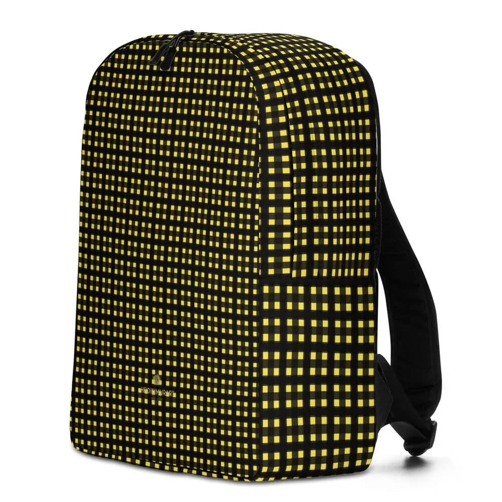 Yellow Black Buffalo Backpack, Plaid Print Modern Minimalist Backpack For School Travel Work-Made in EU