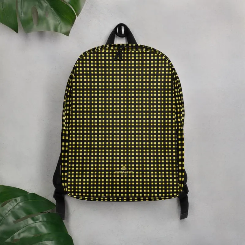 Yellow Black Buffalo Backpack, Plaid Print Modern Minimalist Backpack For School Travel Work-Made in EU